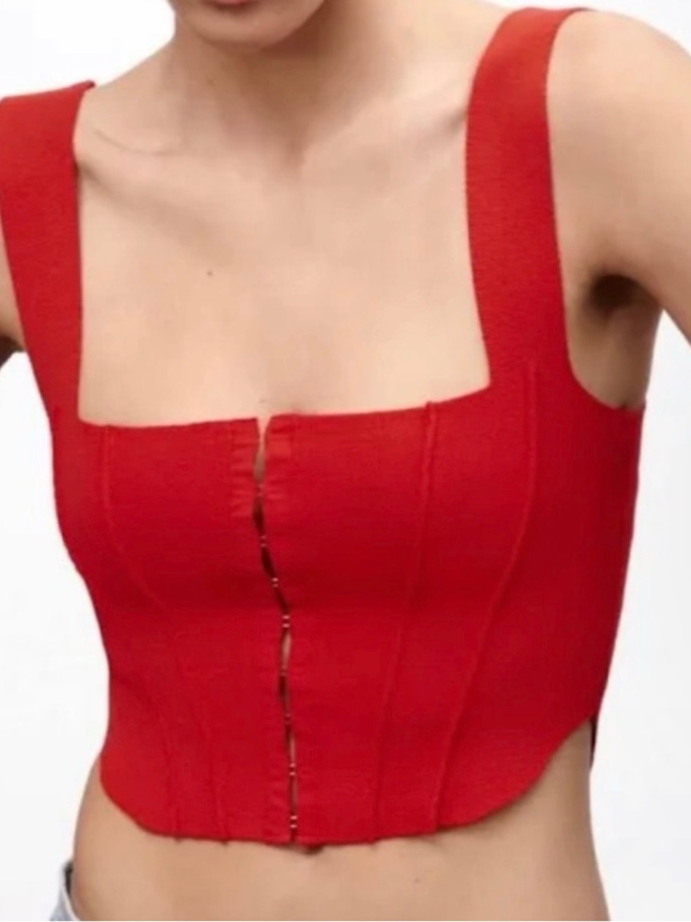 Zara Red Ribbed Corset-Style Crop Top - Picture 1 of 5